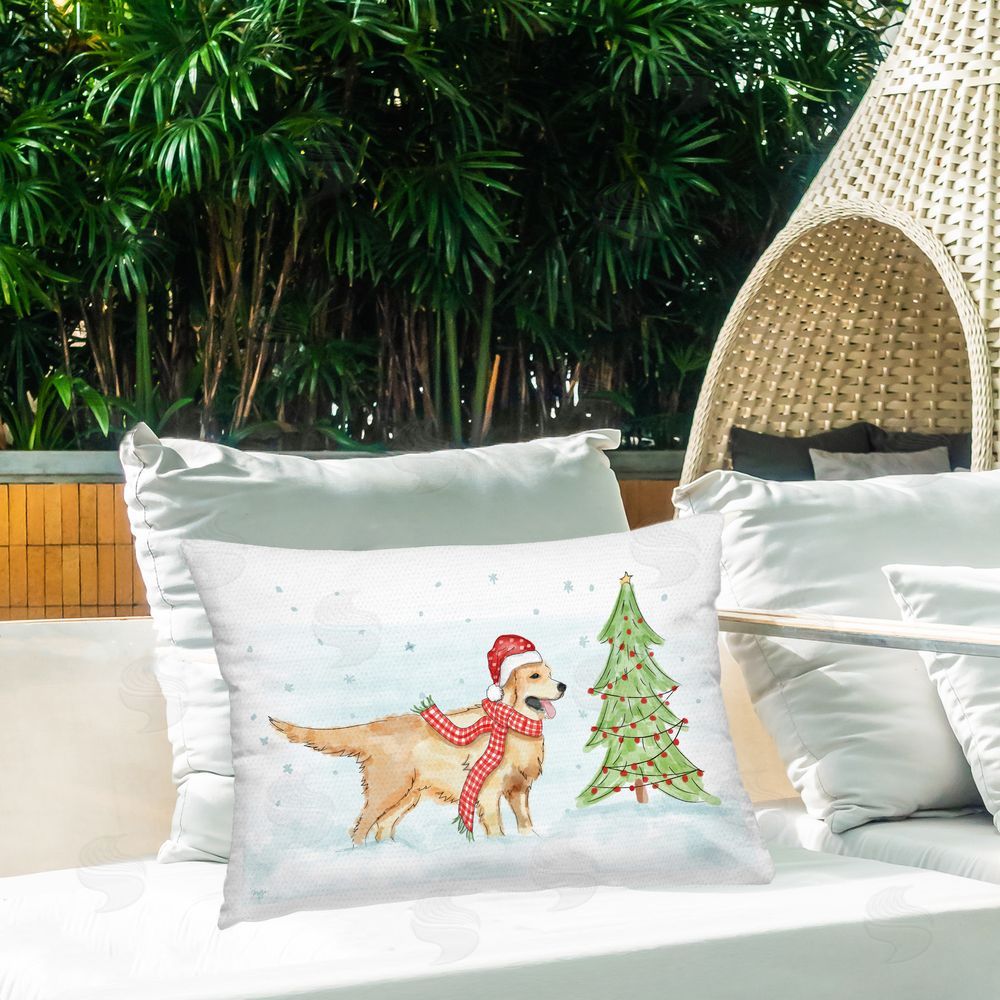 Mollie B. Snowy Labrador Scene Outdoor Quick-Dry Polyester Printed Throw Pillow in Back Yard