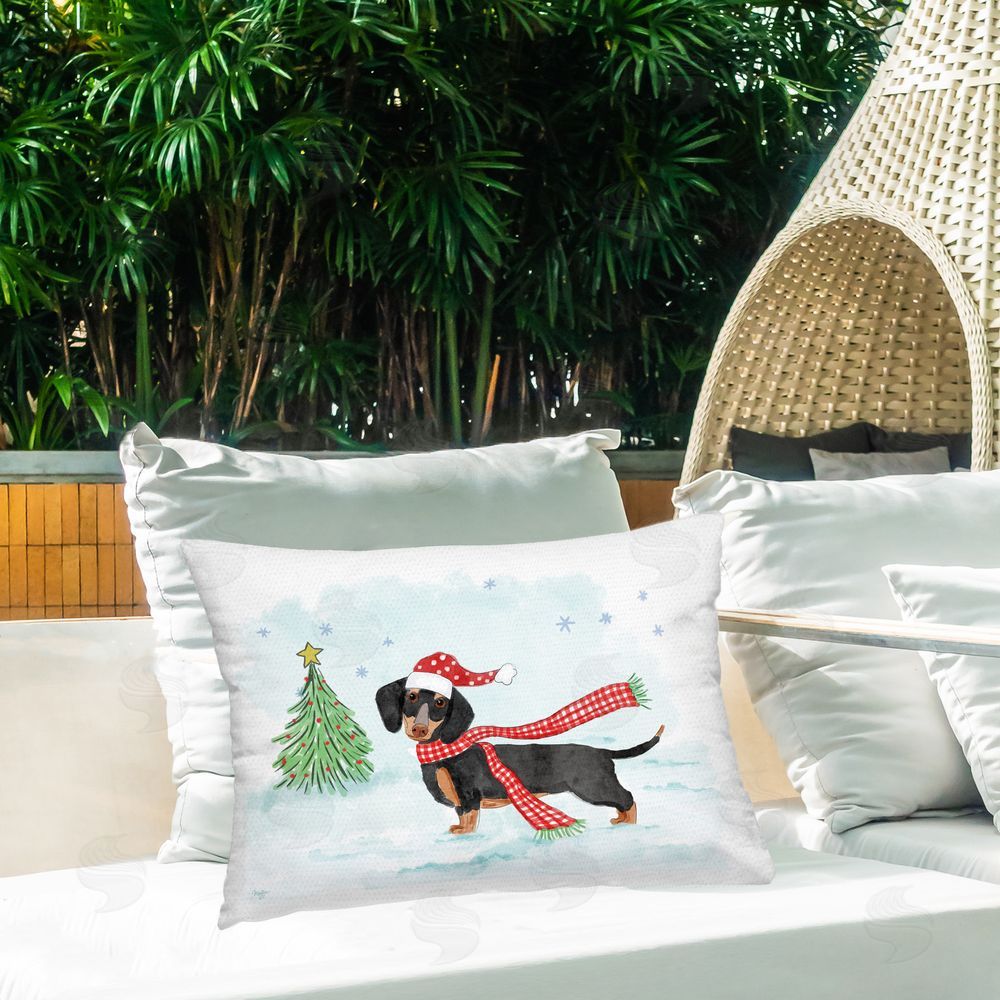 Mollie B. Dachshund with Scarf Outdoor Quick-Dry Polyester Printed Throw Pillow in Back Yard