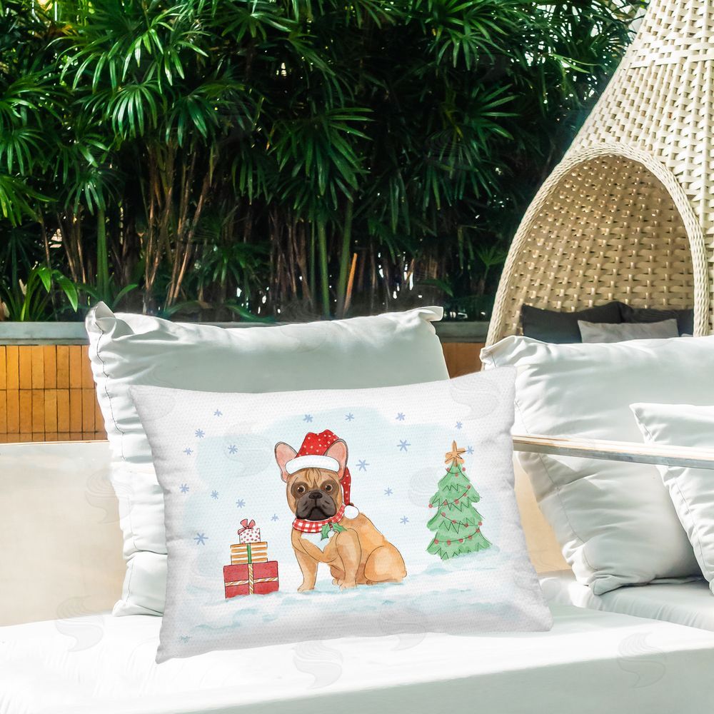 Mollie B. Holiday Dog in Snow Outdoor Quick-Dry Polyester Printed Throw Pillow in Back Yard