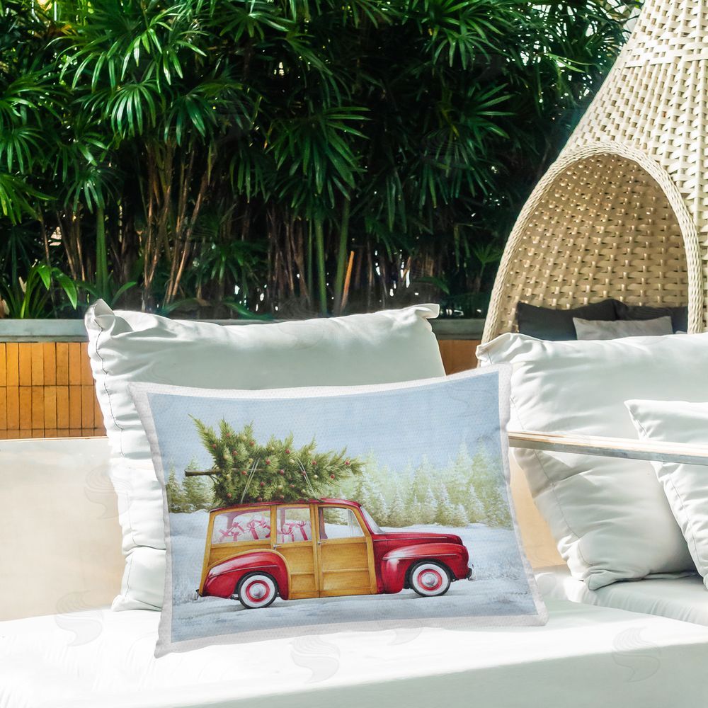 White Ladder Holiday Gift Filled Car Outdoor Quick-Dry Polyester Printed Throw Pillow in Back Yard