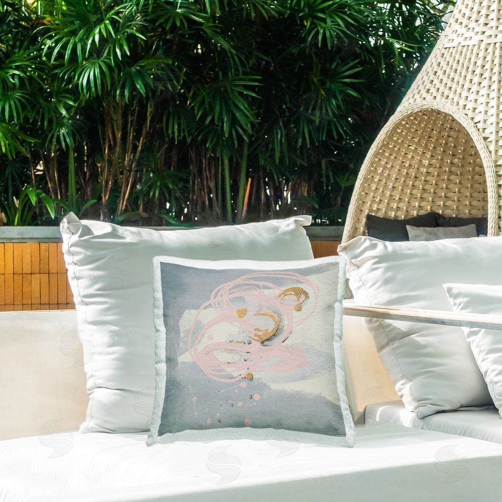 Patricia Pinto Grey with Pink Swirl Outdoor Quick-Dry Polyester Printed Throw Pillow in Back Yard