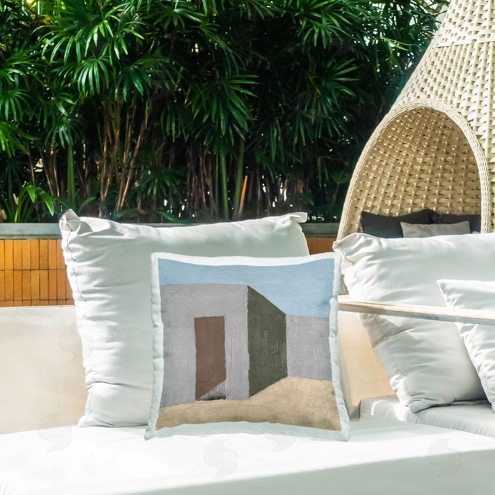 Michael Willett Southwestern Adobe House Outdoor Quick-Dry Polyester Printed Throw Pillow in Back Yard
