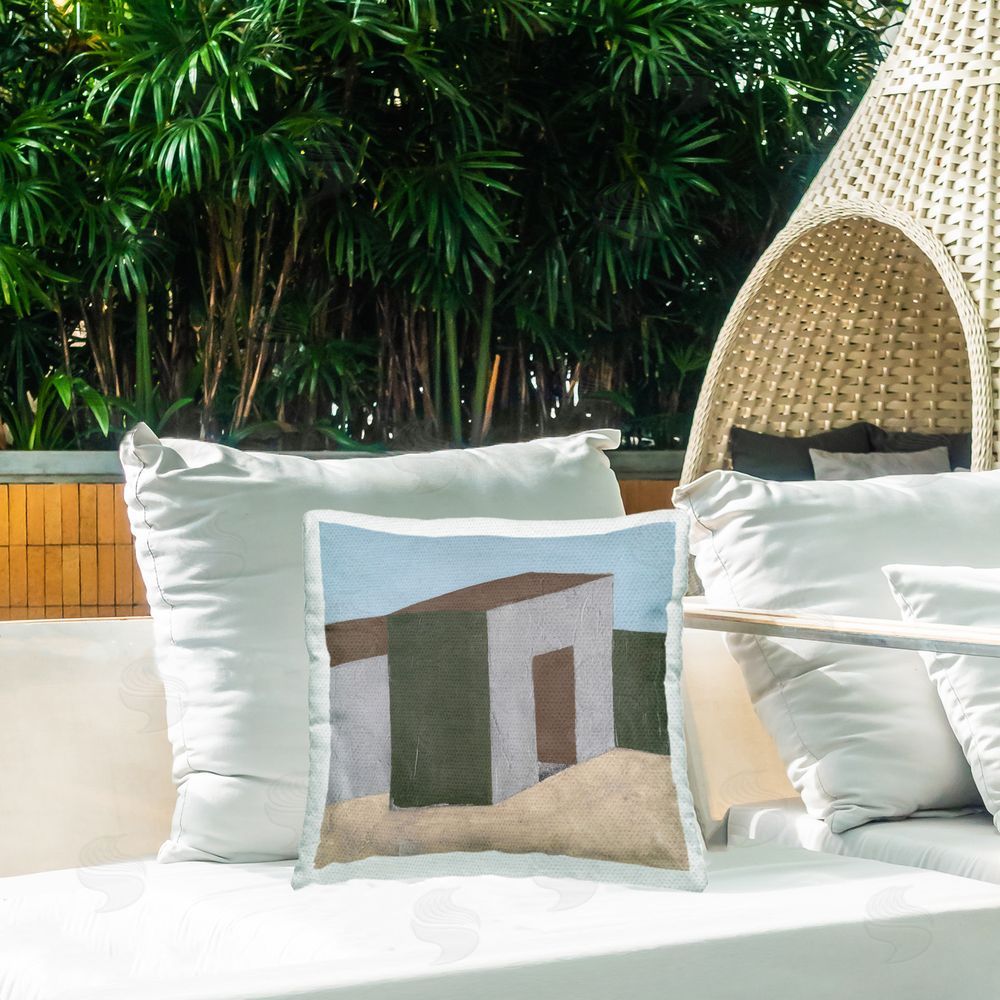 Michael Willett Rustic Desert Building Outdoor Quick-Dry Polyester Printed Throw Pillow in Back Yard