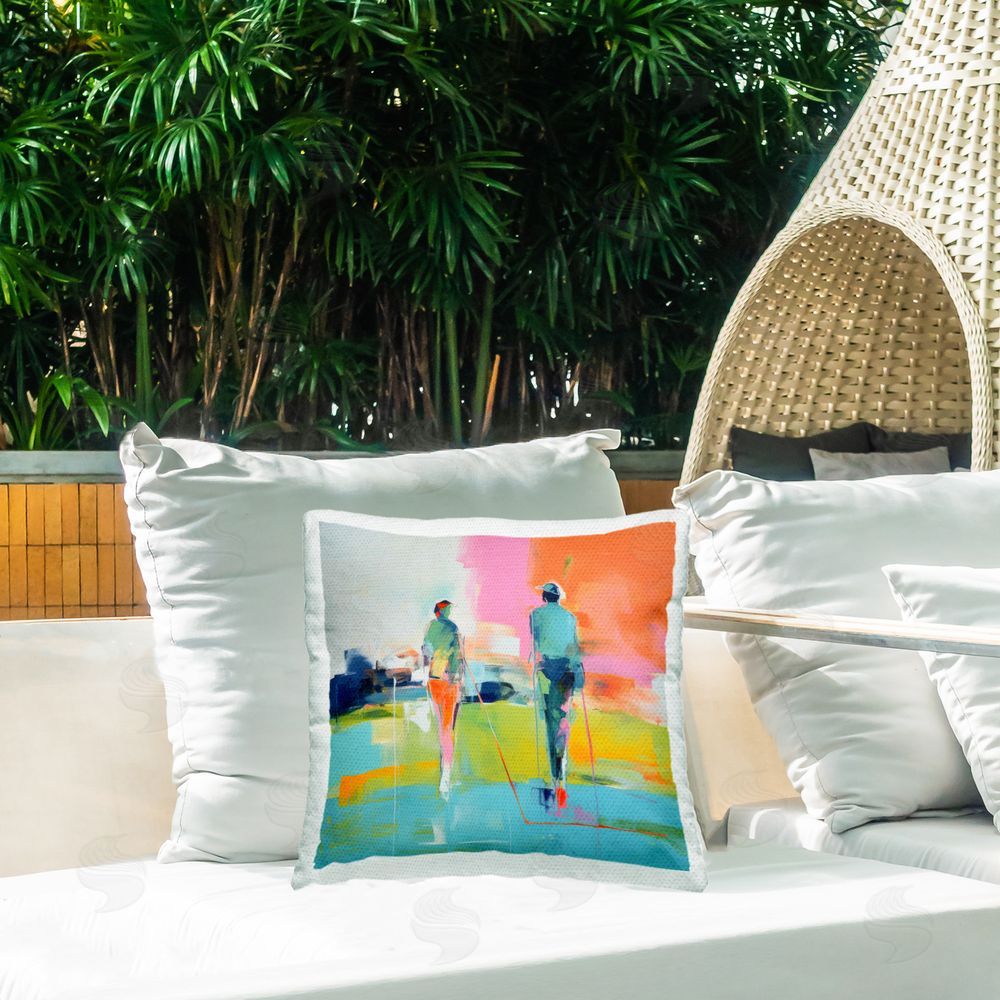 Irena Orlov Modern Golfers Scene Outdoor Quick-Dry Polyester Printed Throw Pillow in Back Yard