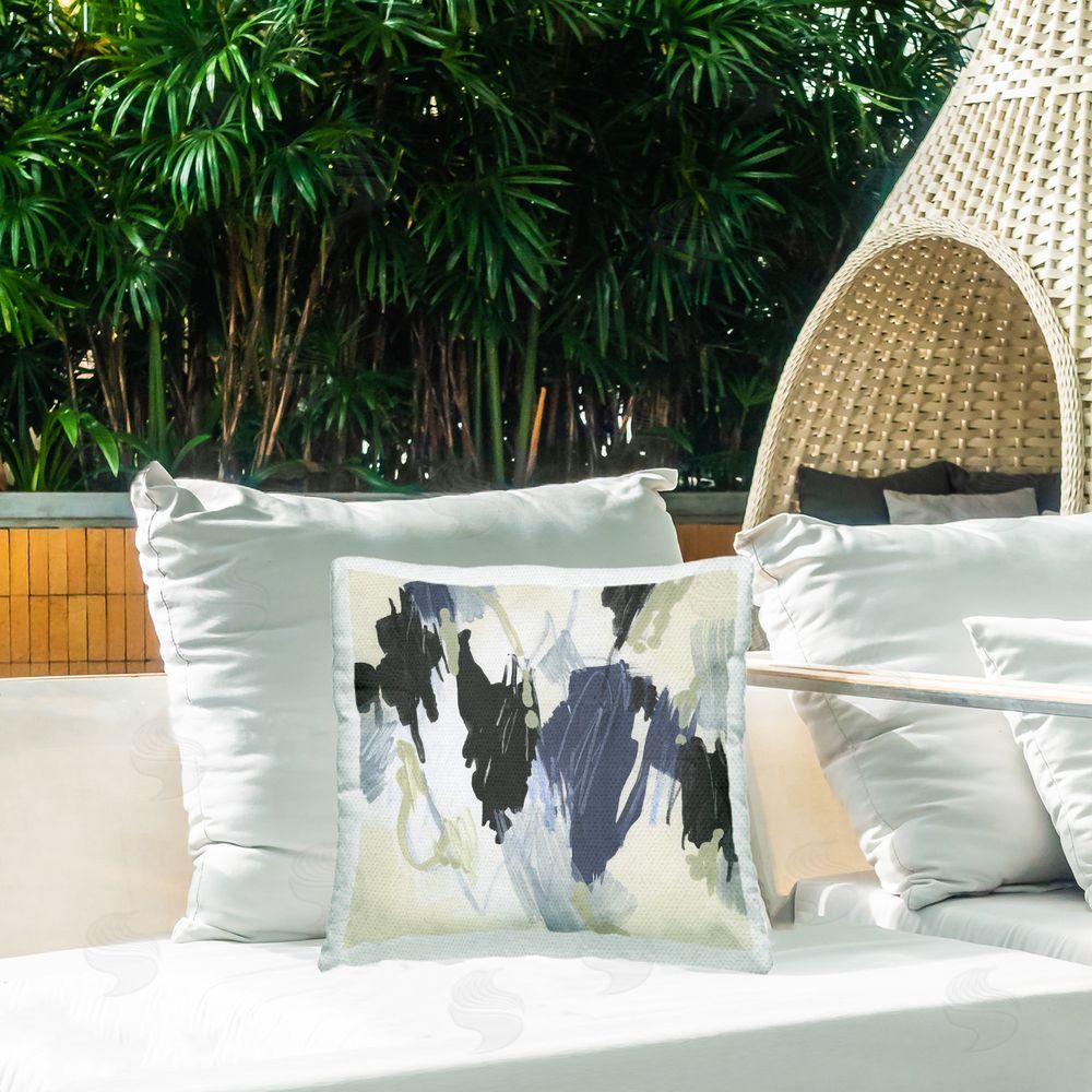 June Erica Vess Blue & Neutral Abstraction Outdoor Quick-Dry Polyester Printed Throw Pillow in Back Yard