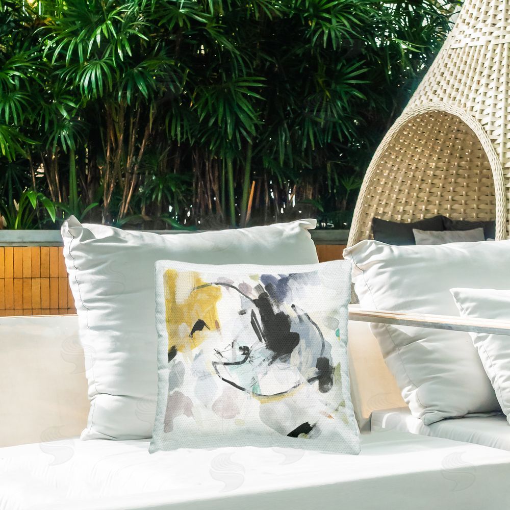 June Erica Vess Yellow & Neutral Abstraction Outdoor Quick-Dry Polyester Printed Throw Pillow in Back Yard