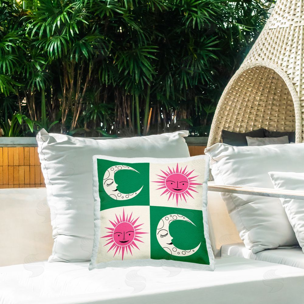 Carrie Cantwell Sun & Moon Checkerboard Outdoor Quick-Dry Polyester Printed Throw Pillow in Back Yard
