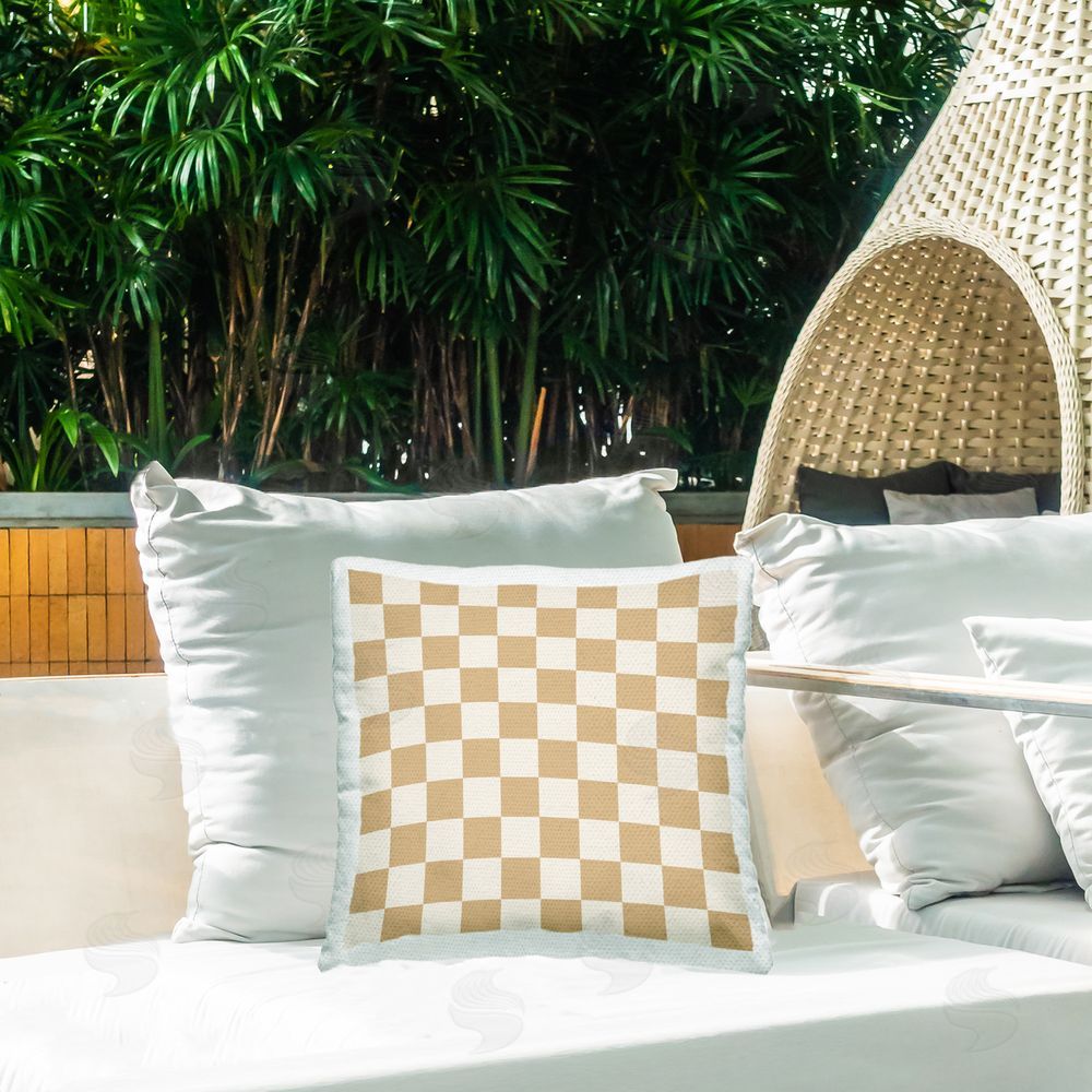 Carrie Cantwell Tan Checkerboard Pattern Outdoor Quick-Dry Polyester Printed Throw Pillow in Back Yard