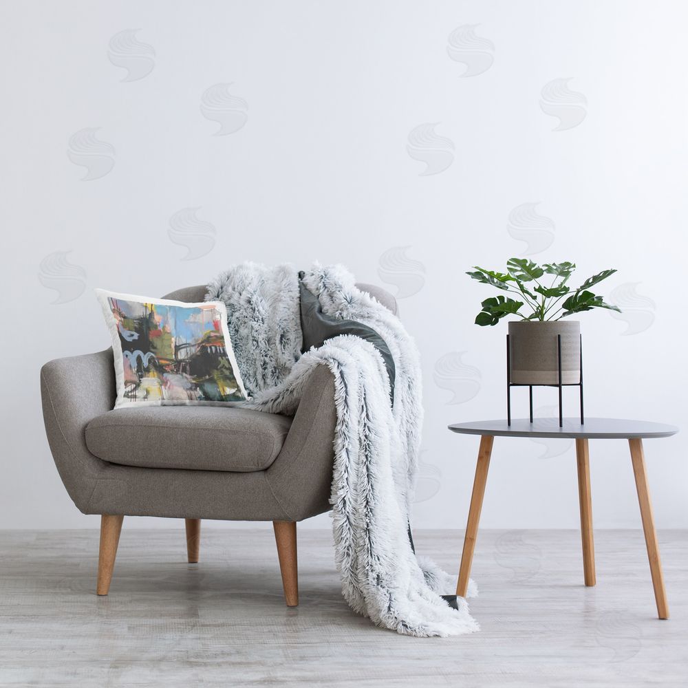 Deanna Schuerbeke Chaotic Industrial Abstract Printed Plush Polyester Throw Pillow On Chair