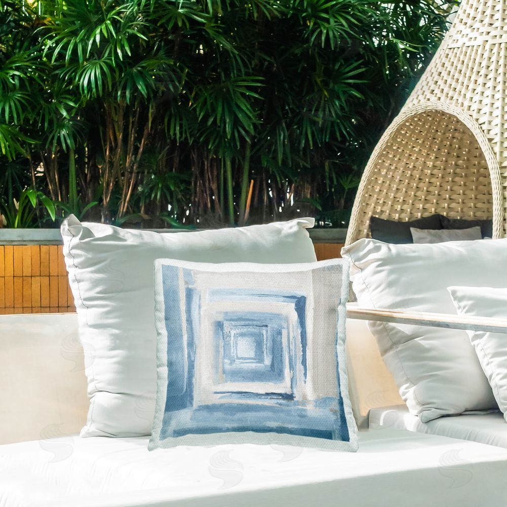 Lanie Loreth Blue & Beige Squares Outdoor Quick-Dry Polyester Printed Throw Pillow in Back Yard