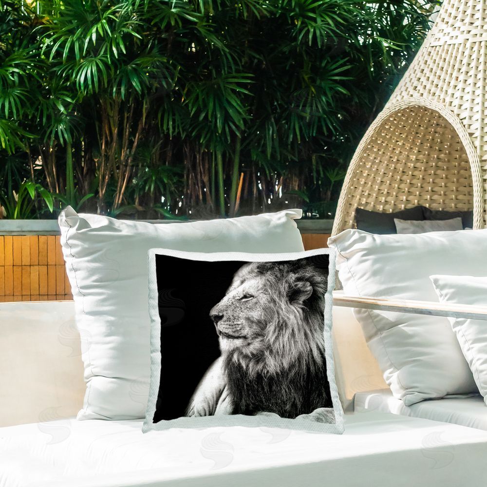 Shelley Lake Lion Portrait on Black Outdoor Quick-Dry Polyester Printed Throw Pillow in Back Yard