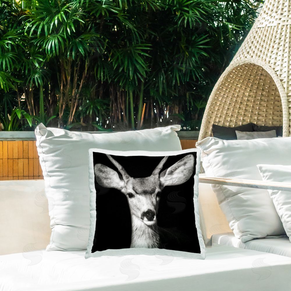Kathy Mansfield Gazing Deer Portrait Outdoor Quick-Dry Polyester Printed Throw Pillow in Back Yard