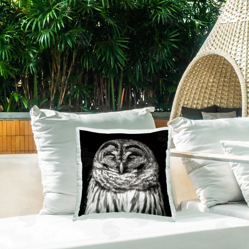 Kathy Mansfield Sleeping Owl Portrait Outdoor Quick-Dry Polyester Printed Throw Pillow in Back Yard