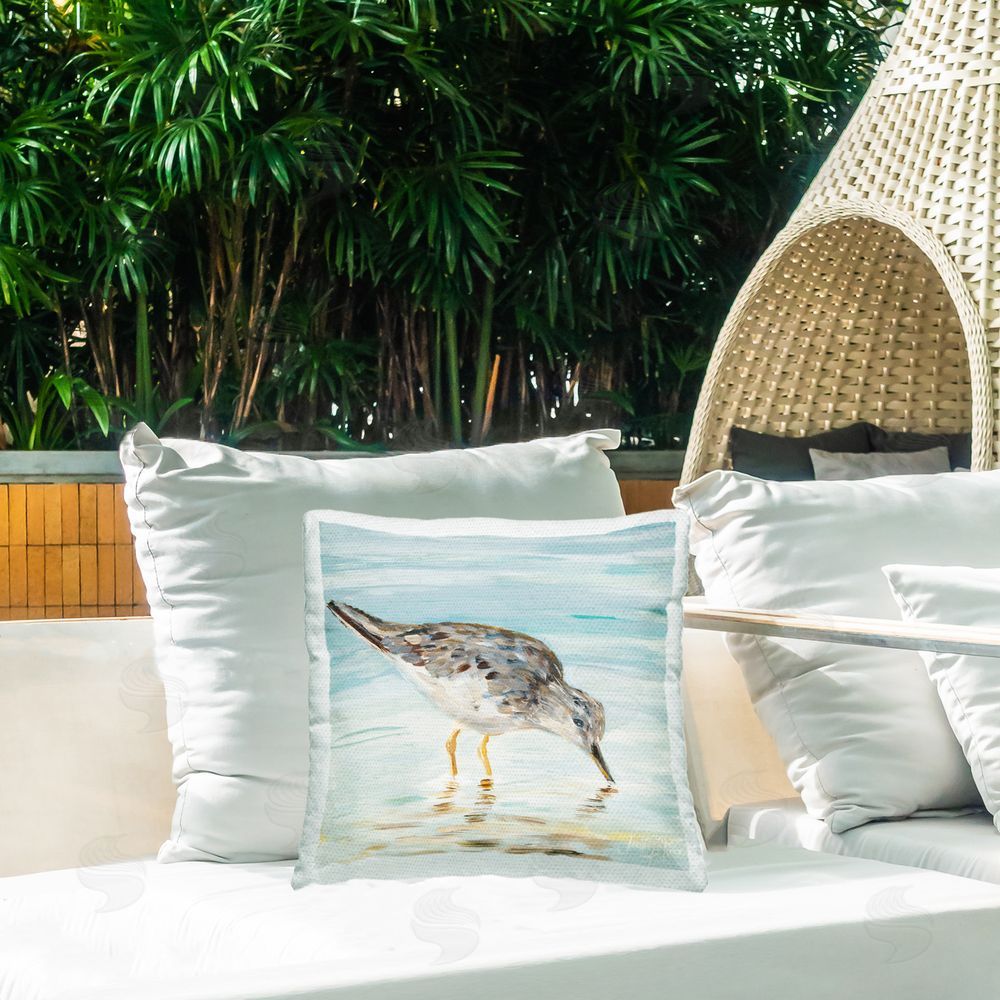 Julie DeRice Grey Beach Sandpiper Outdoor Quick-Dry Polyester Printed Throw Pillow in Back Yard