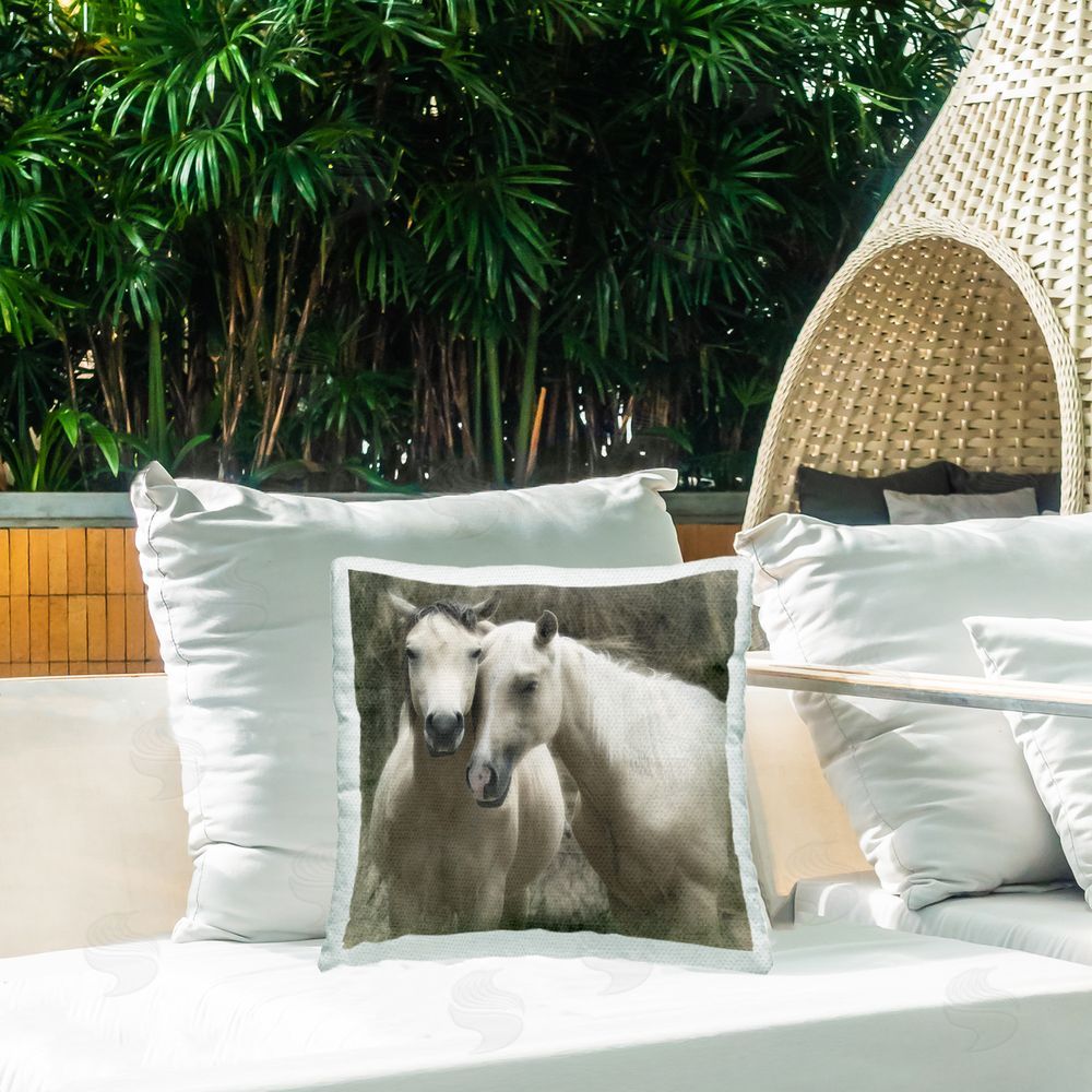 Rhonda Addison Snuggling Horses on Farm Outdoor Quick-Dry Polyester Printed Throw Pillow in Back Yard