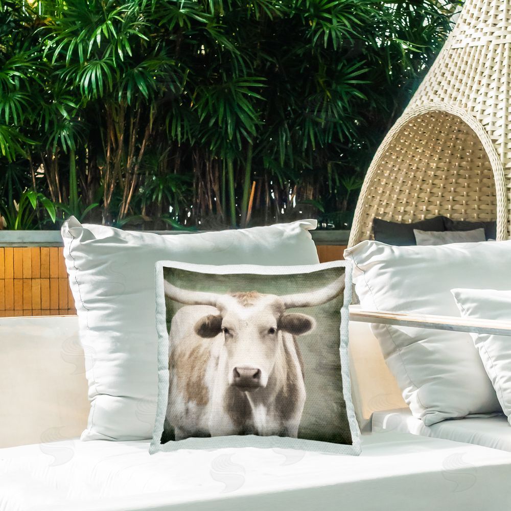 Rhonda Addison Rustic Longhorn Cattle Outdoor Quick-Dry Polyester Printed Throw Pillow in Back Yard