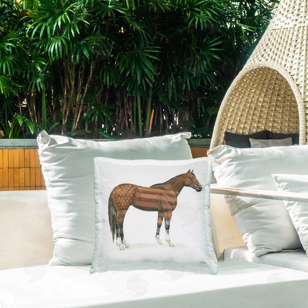 Wellington Studio American Flag Horse Outdoor Quick-Dry Polyester Printed Throw Pillow in Back Yard