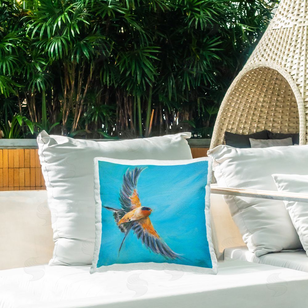 Sue Schlabach Soaring Bird on Blue Outdoor Quick-Dry Polyester Printed Throw Pillow in Back Yard