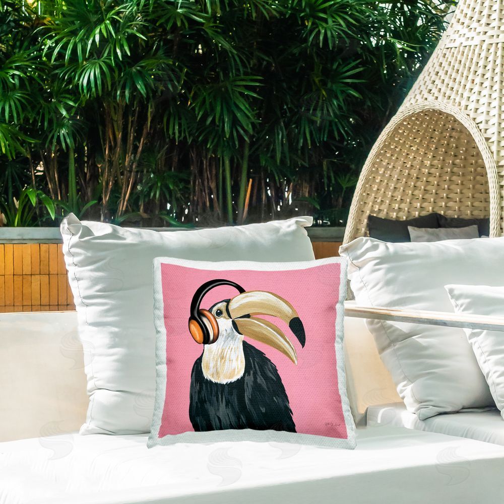 Yvette St. Amant Toucan with Headphones Outdoor Quick-Dry Polyester Printed Throw Pillow in Back Yard