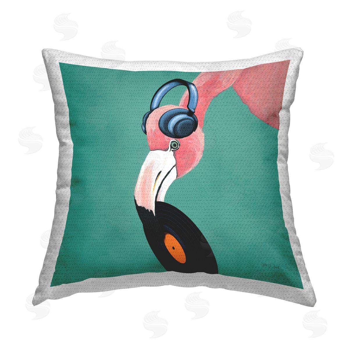 Yvette St. Amant Flamingo with Music Record Outdoor Quick-Dry Polyester Printed Throw Pillow