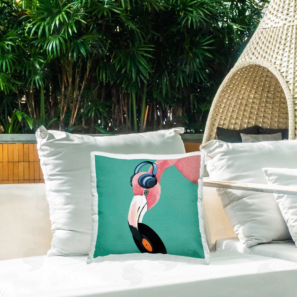 Yvette St. Amant Flamingo with Music Record Outdoor Quick-Dry Polyester Printed Throw Pillow in Back Yard
