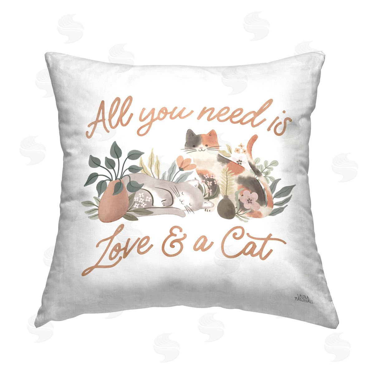 Laura Marshall Love & A Cat Phrase Printed Plush Polyester Throw Pillow