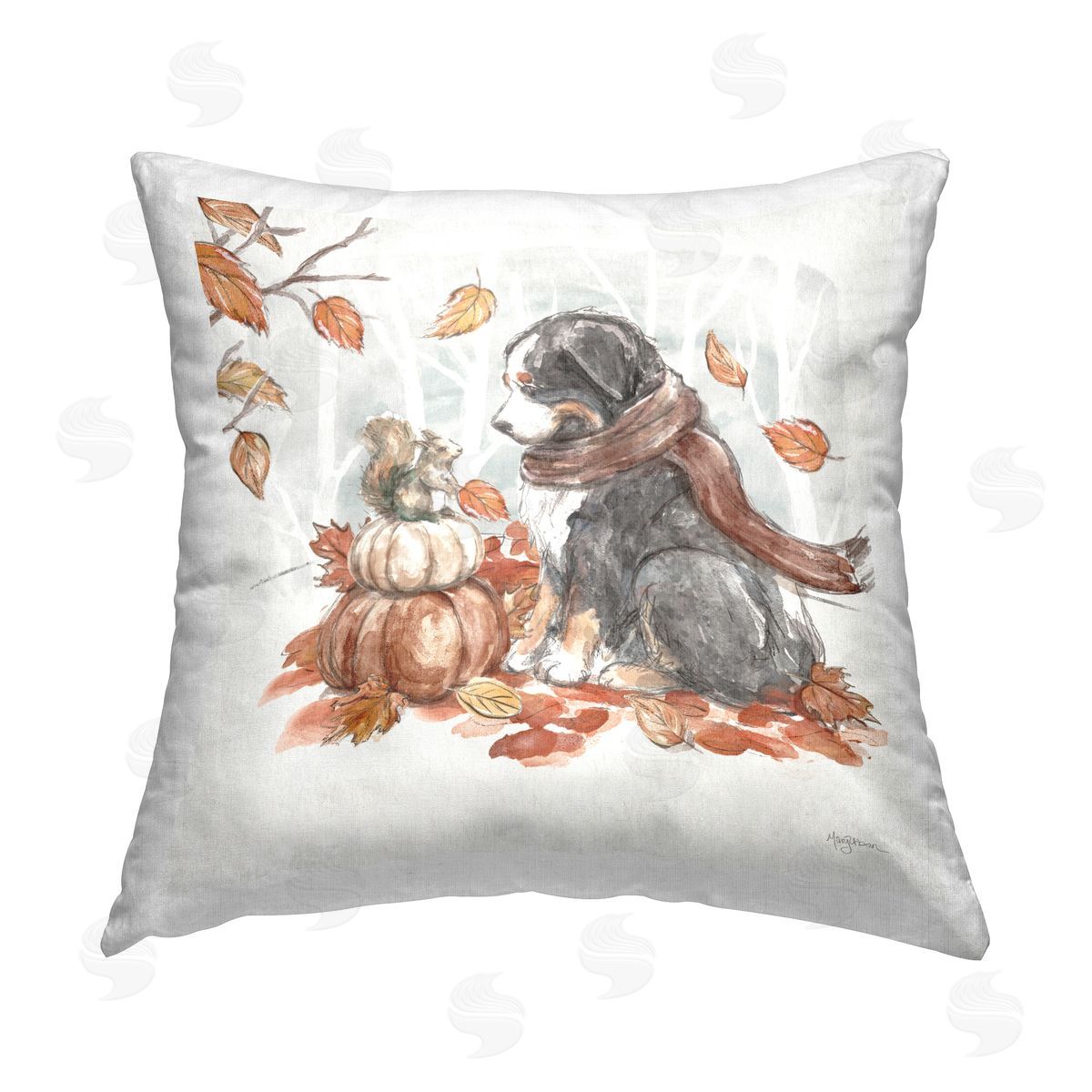 Mary Urban Dog & Fall Pumpkins Printed Plush Polyester Throw Pillow