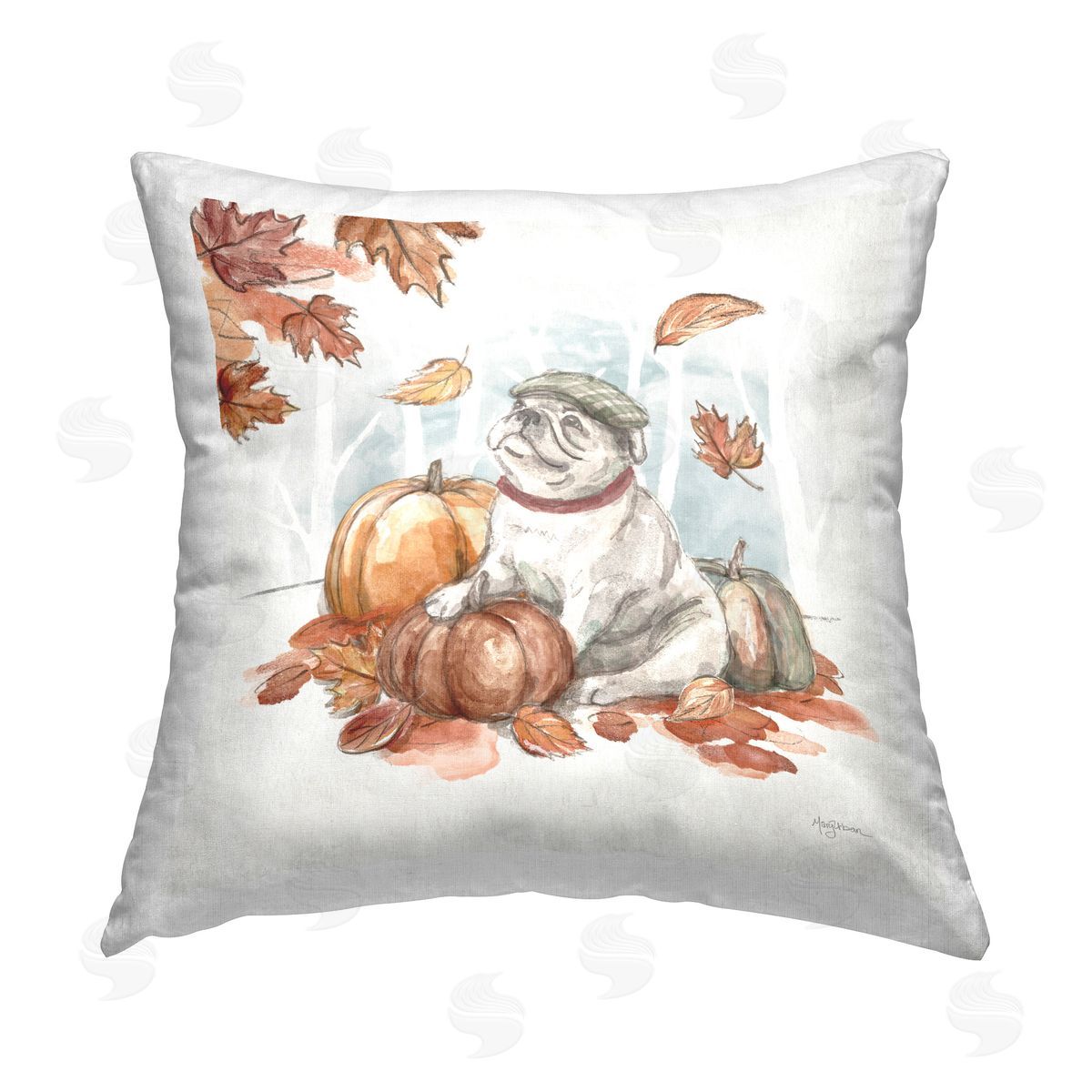 Mary Urban Autumnal Bulldog Scene Printed Plush Polyester Throw Pillow