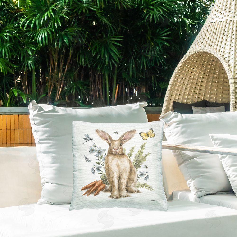 Leslie Trimbach Rabbit & Garden Patch Outdoor Quick-Dry Polyester Printed Throw Pillow in Back Yard