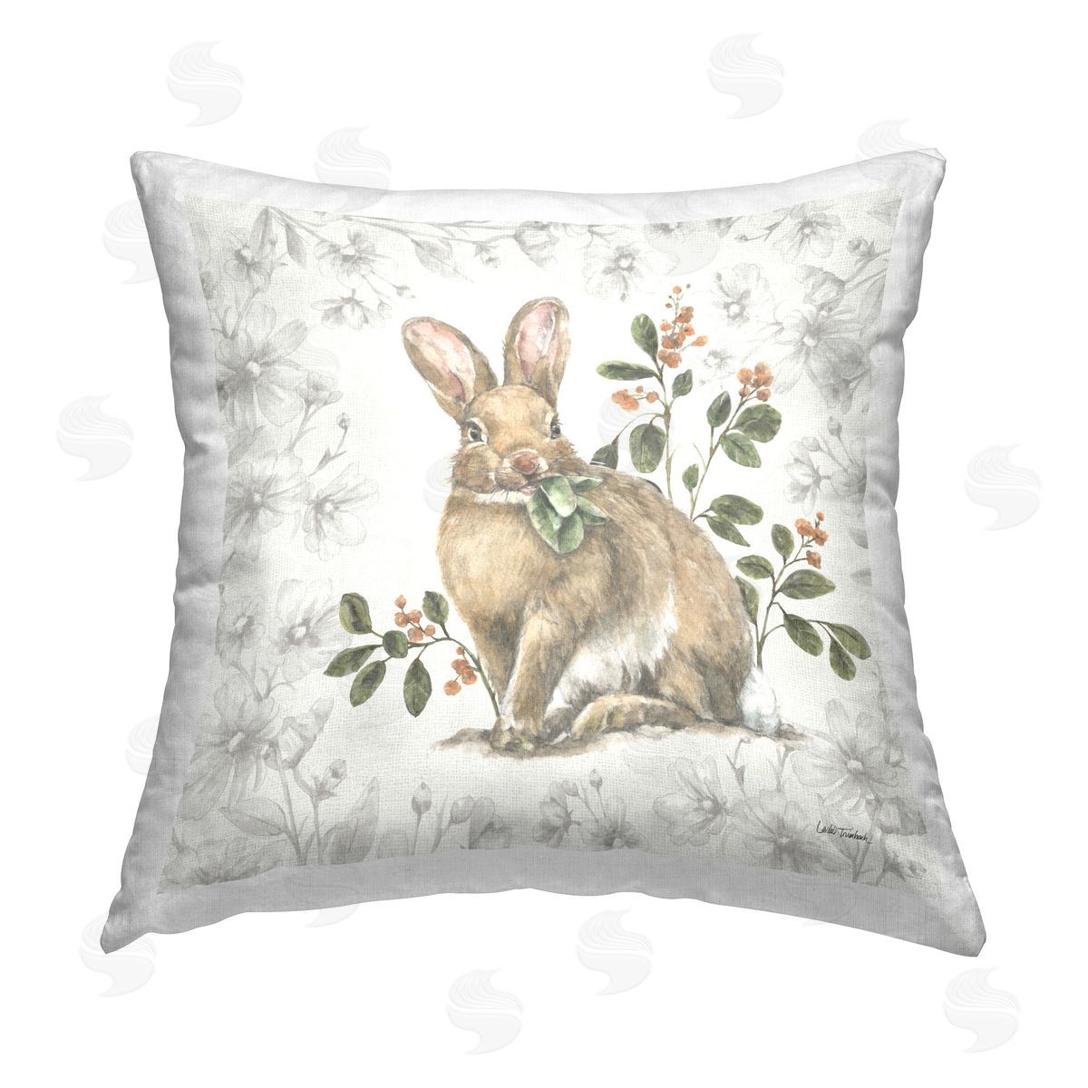 Leslie Trimbach Floral Garden Bunny Printed Plush Polyester Throw Pillow