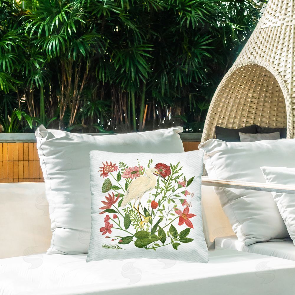 Melissa Wang Nautical Flowers & Egret Outdoor Quick-Dry Polyester Printed Throw Pillow in Back Yard