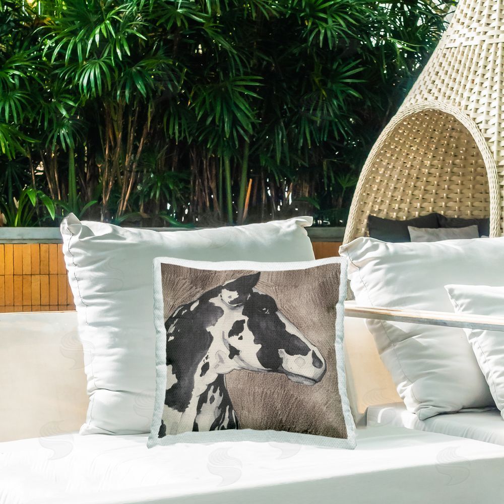 Grace Popp Rustic Cow Looking Right Outdoor Quick-Dry Polyester Printed Throw Pillow in Back Yard