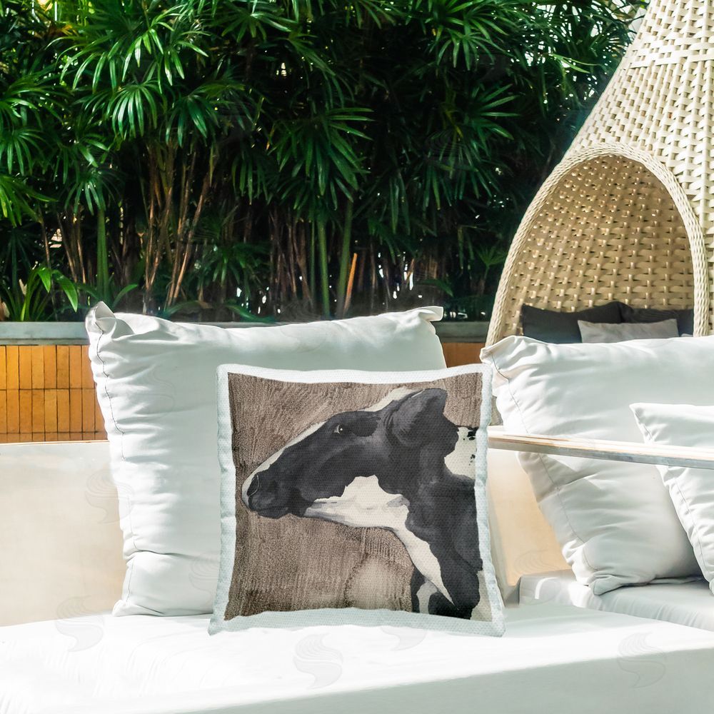 Grace Popp Rustic Cow Looking Left Outdoor Quick-Dry Polyester Printed Throw Pillow in Back Yard