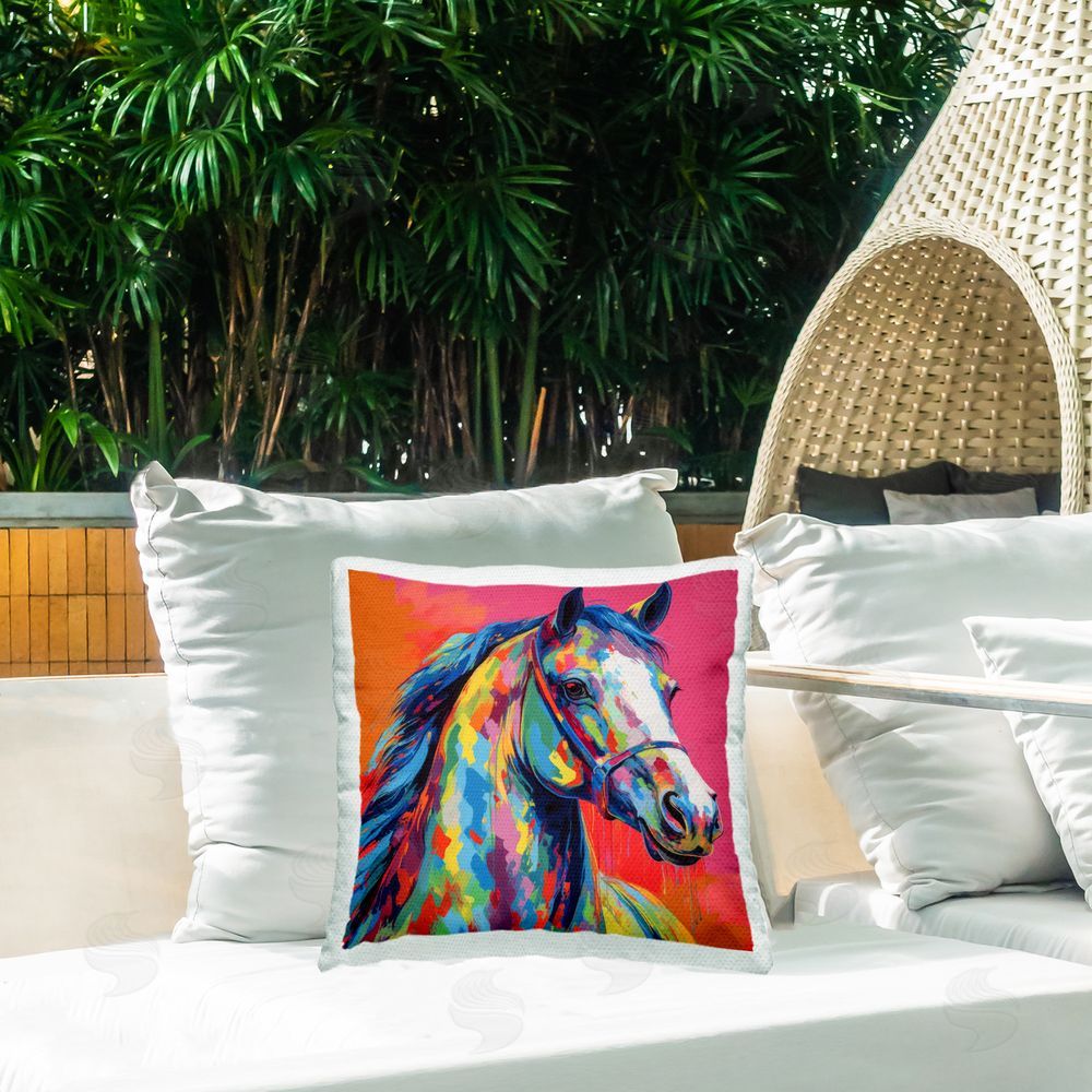 Irena Orlov Abstract Hue Horse Outdoor Quick-Dry Polyester Printed Throw Pillow in Back Yard
