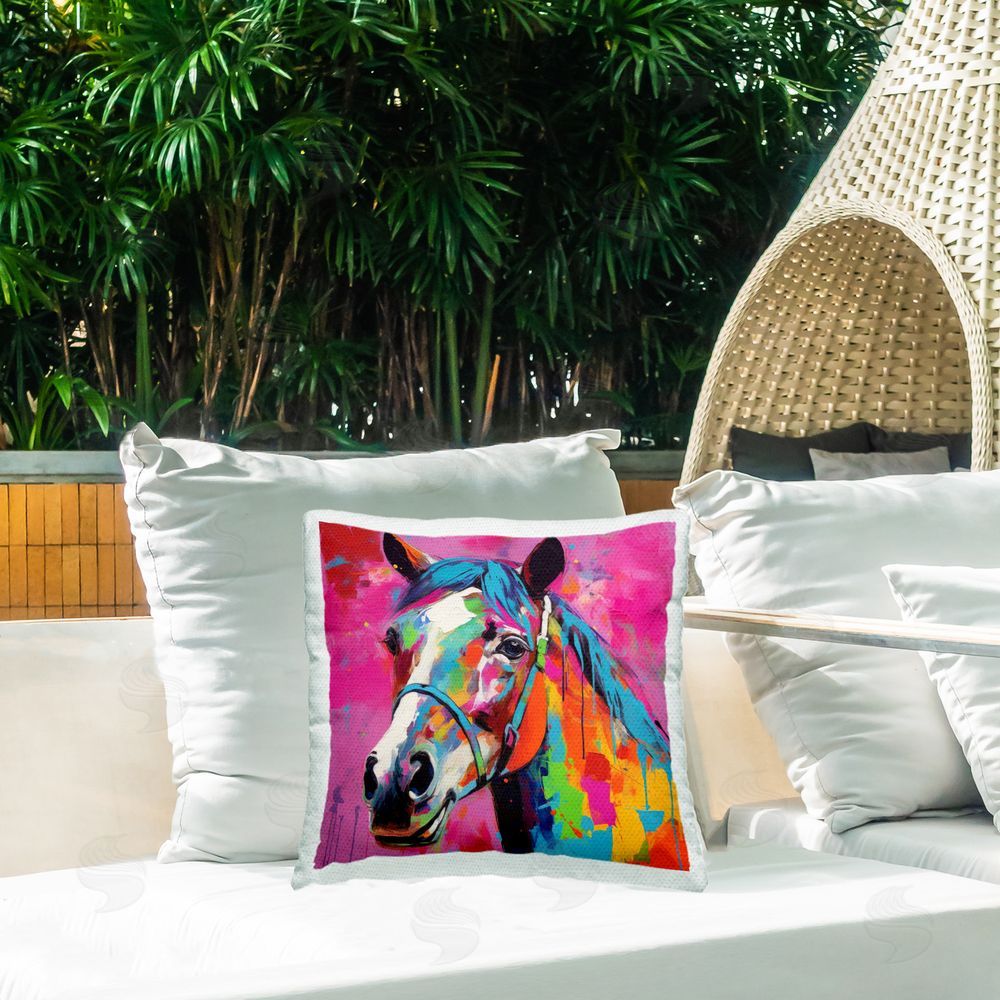 Irena Orlov Modern Hue Horse Outdoor Quick-Dry Polyester Printed Throw Pillow in Back Yard