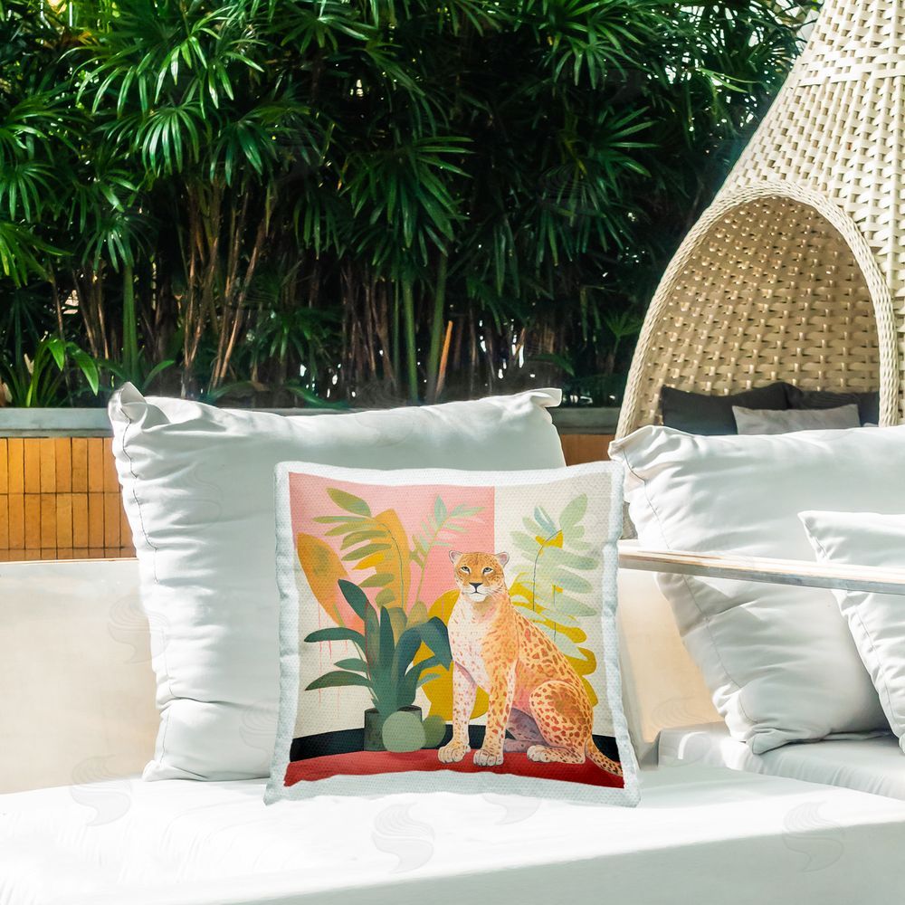 Walker Noble Leopard Sitting with Plants Outdoor Quick-Dry Polyester Printed Throw Pillow in Back Yard