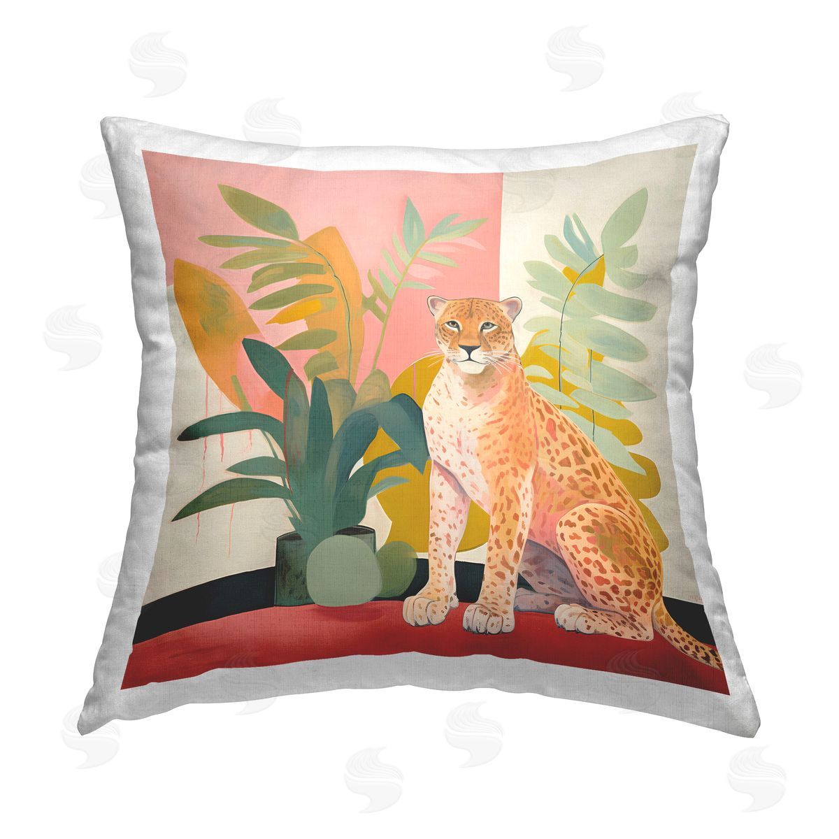 Walker Noble Leopard Sitting with Plants Printed Plush Polyester Throw Pillow