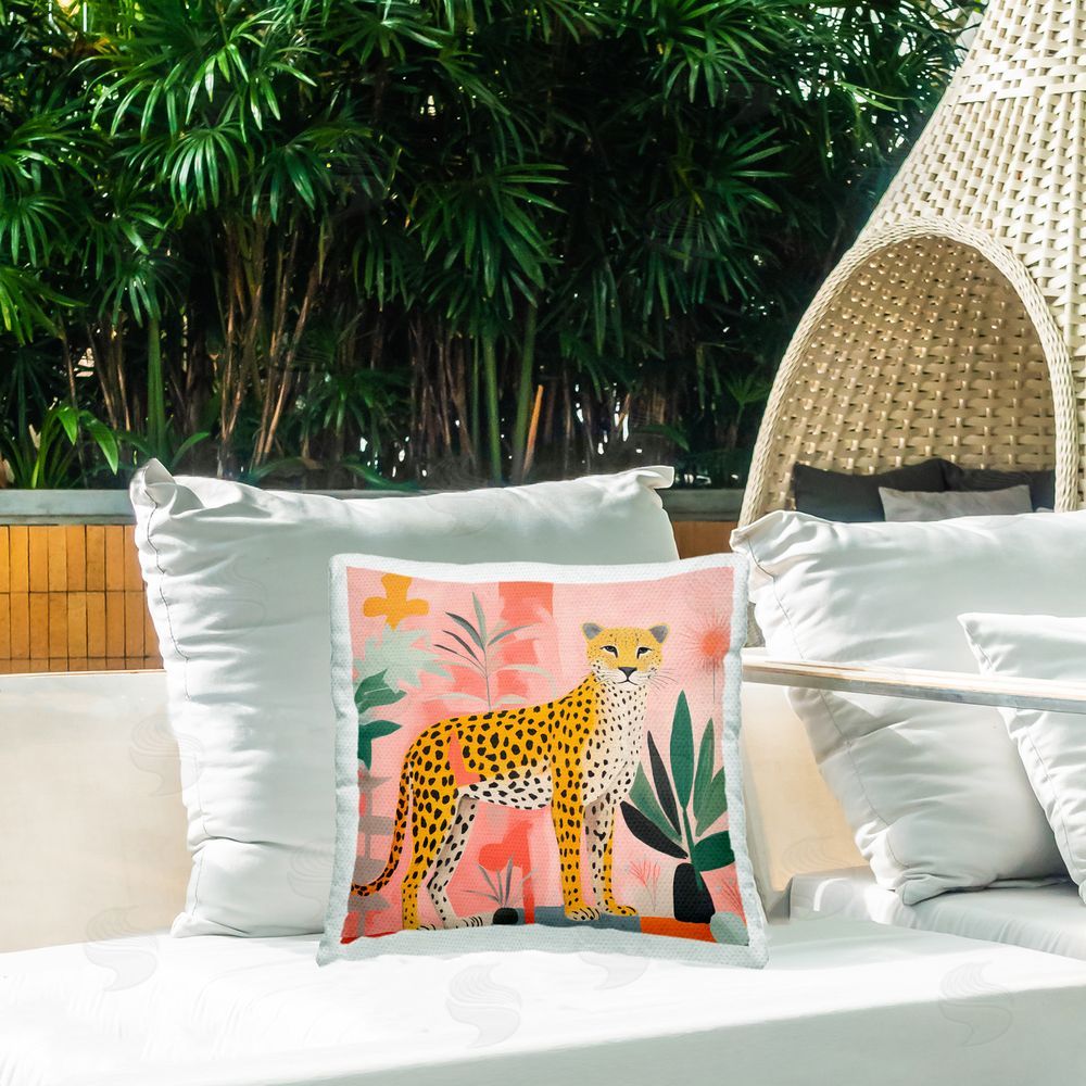 Walker Noble Standing Leopard & Plants Outdoor Quick-Dry Polyester Printed Throw Pillow in Back Yard