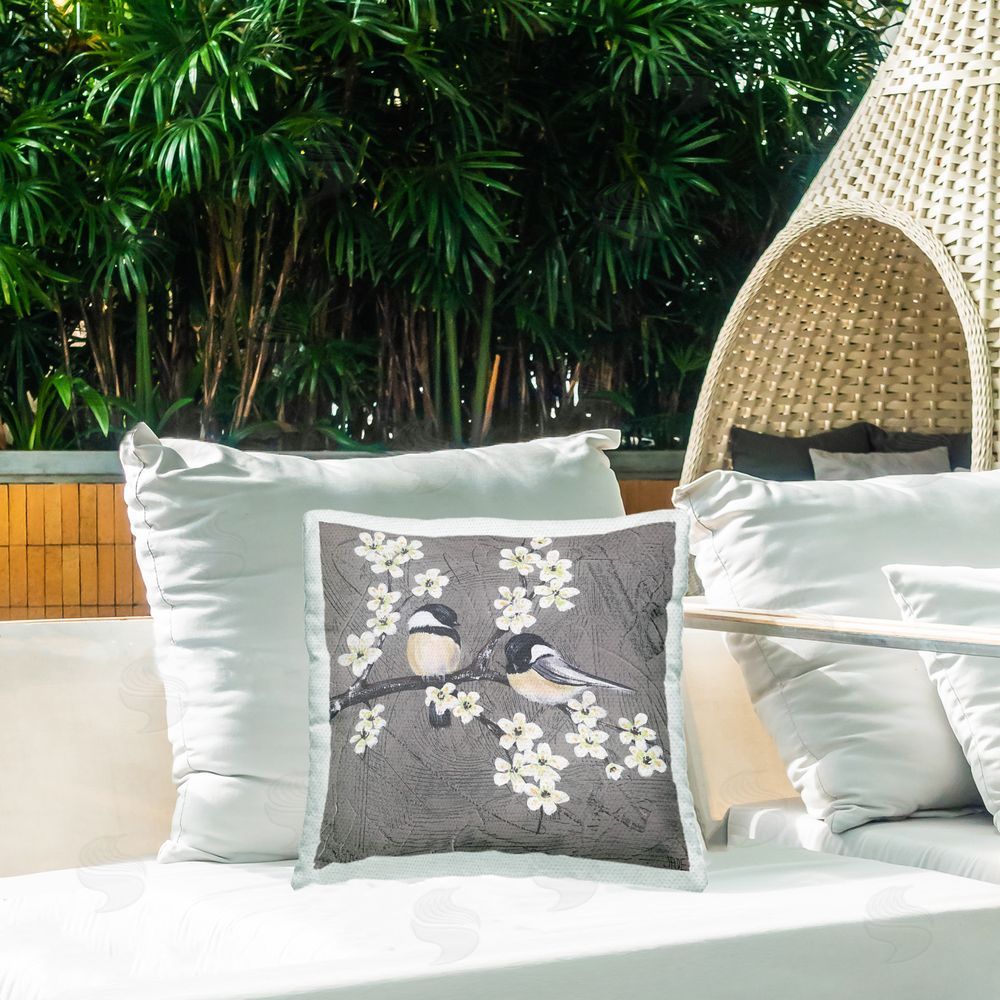 Jade Reynolds Bird Pair on Branch Outdoor Quick-Dry Polyester Printed Throw Pillow in Back Yard