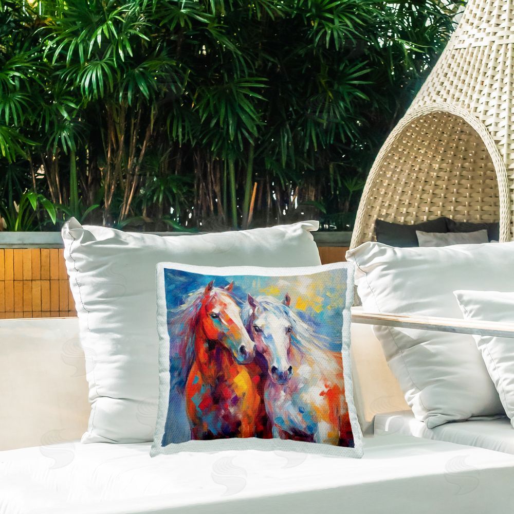 Irena Orlov Abstract Brushed Horses Outdoor Quick-Dry Polyester Printed Throw Pillow in Back Yard