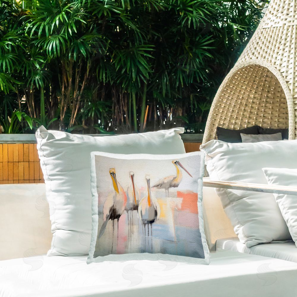 Irena Orlov Abstract Pelicans Scene Outdoor Quick-Dry Polyester Printed Throw Pillow in Back Yard