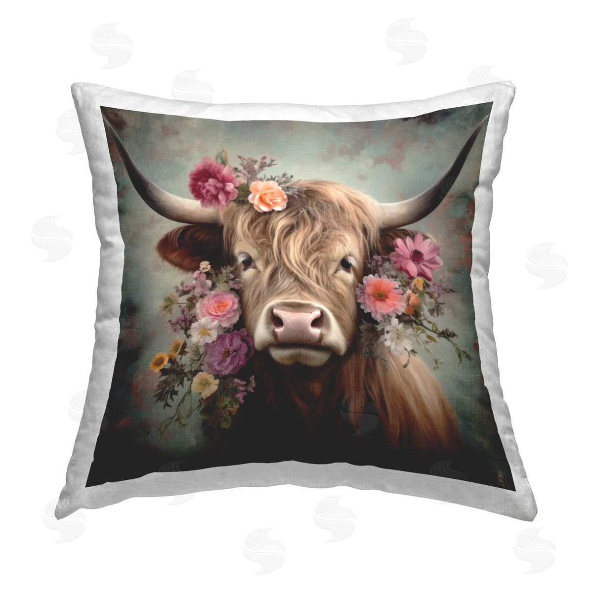 Irena Orlov Cattle with Gerbera Daisies Printed Plush Polyester Throw Pillow