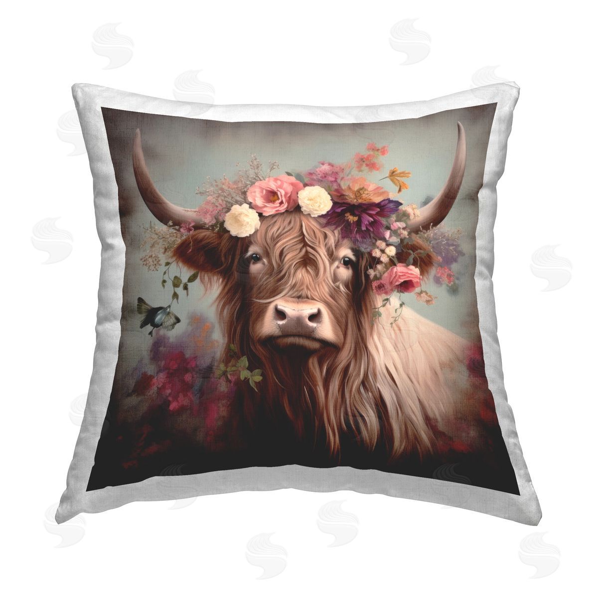 Irena Orlov Longhorn & Flower Garland Printed Plush Polyester Throw Pillow