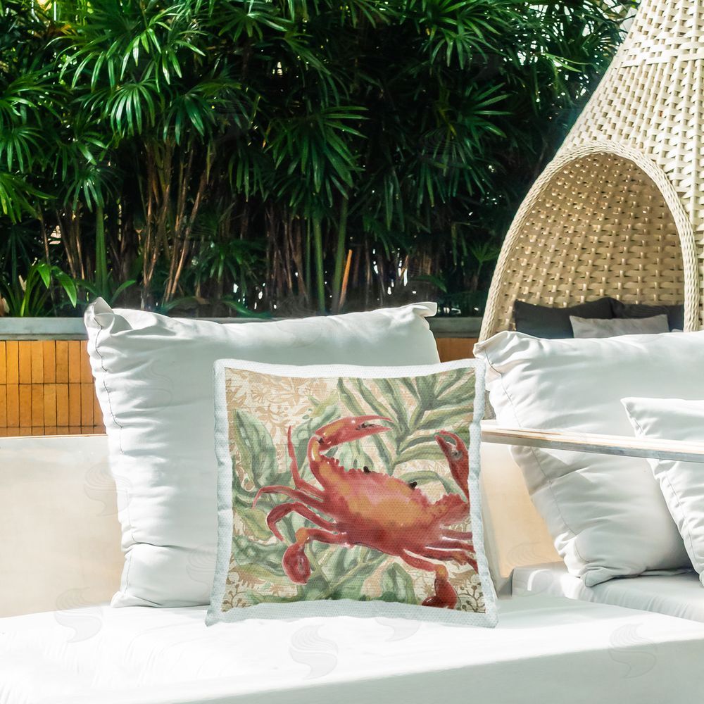 June Erica Vess Crab on Palm Leaves Outdoor Quick-Dry Polyester Printed Throw Pillow in Back Yard
