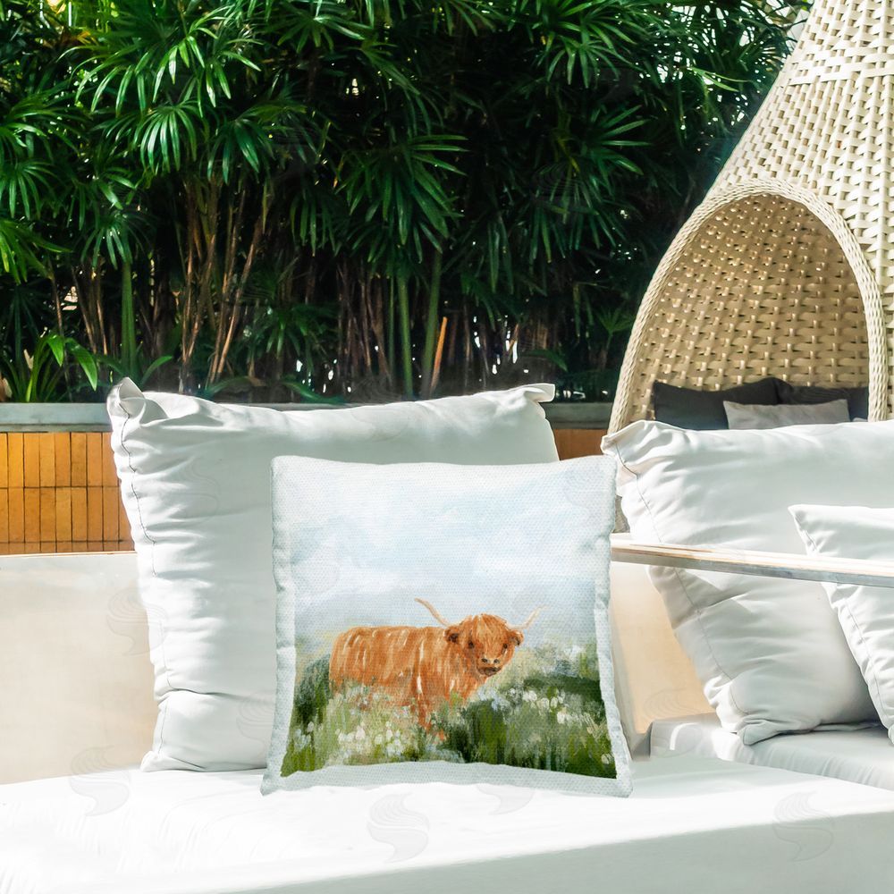 June Erica Vess Longhorn Cattle Country Field Outdoor Quick-Dry Polyester Printed Throw Pillow in Back Yard