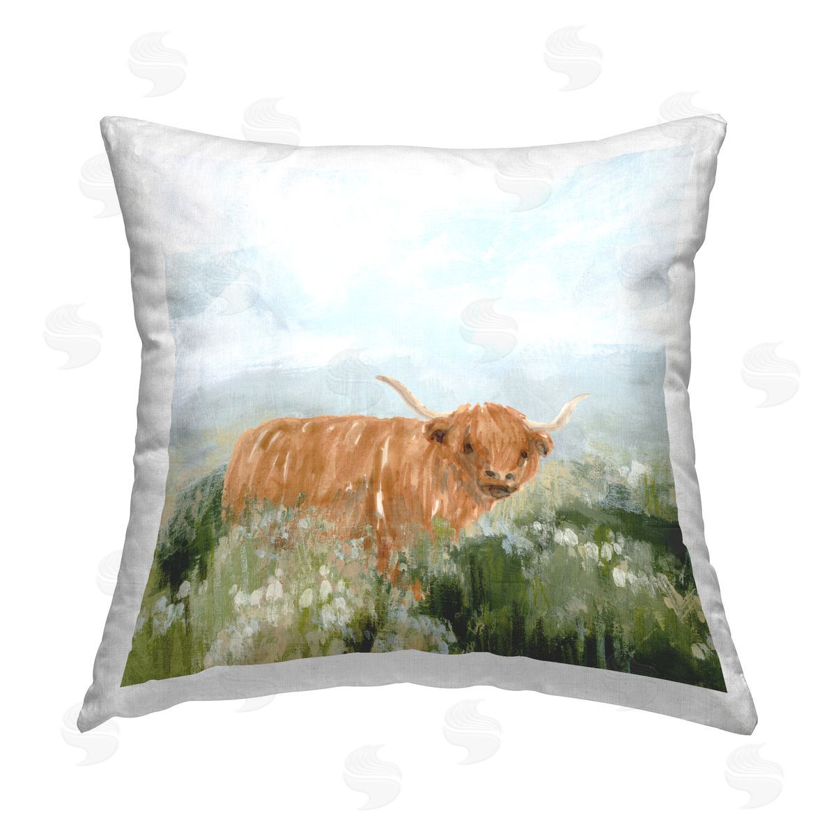 June Erica Vess Longhorn Cattle Country Field Printed Plush Polyester Throw Pillow
