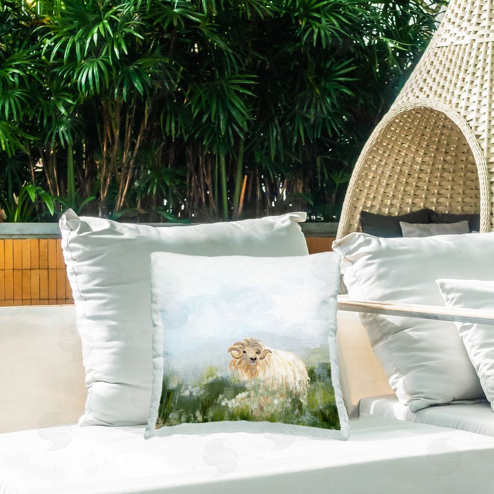 June Erica Vess Rural Goat in Meadow Outdoor Quick-Dry Polyester Printed Throw Pillow in Back Yard