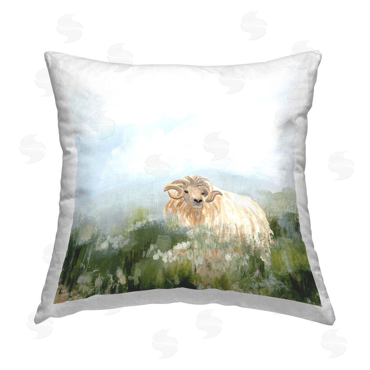 June Erica Vess Rural Goat in Meadow Printed Plush Polyester Throw Pillow