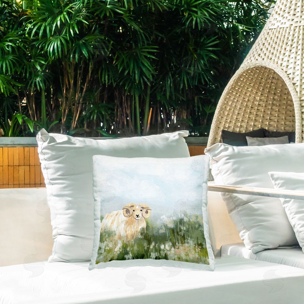 June Erica Vess Traditional Country Goat Outdoor Quick-Dry Polyester Printed Throw Pillow in Back Yard