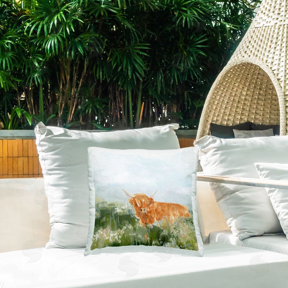 June Erica Vess Highland Cattle Abstraction Outdoor Quick-Dry Polyester Printed Throw Pillow in Back Yard
